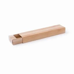 A wooden box with a sliding lid, featuring a light timber finish and a rectangular shape.