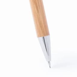 A pen featuring a bamboo body and a shiny silver tip, with a sleek and modern design.