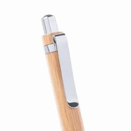 A wooden pen with a sleek chrome clip, featuring a natural bamboo finish.