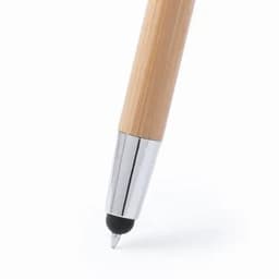 A pen with a wooden barrel and a shiny silver tip, featuring a black rubberised end for touchscreen use.