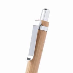A pen with a wooden barrel and a chrome clip, featuring a sleek, modern design.