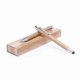 A wooden pen and pencil set resting on a wooden holder, featuring silver accents and a natural finish.