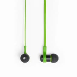 A pair of black and vibrant green earphones with a thin matching cable and rounded earbuds.