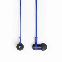 A pair of blue wired earphones with black ear tips and a sleek design.