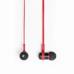 Earphones in red and black with a sleek design and sound-absorbing ear tips. Stylish and compact for easy use.