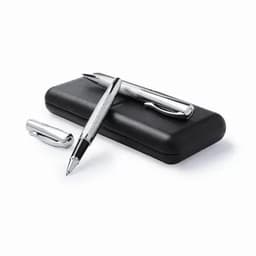 A set of silver pens rests on a black case, showcasing a sleek and modern design.
