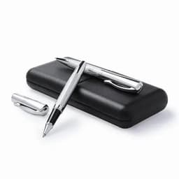 A black pen case holds two silver pens with sleek designs, one capped and one uncapped.