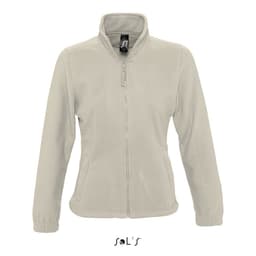 A light grey women's zippered fleece top with a high collar and a fitted design, featuring a logo.