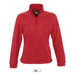 A red fleece top for women featuring a zippered front and a stand-up collar. It has a brand logo on the tag.