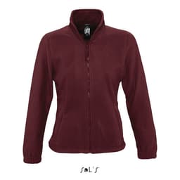 A maroon women's fleece zippered jacket with a high collar and a fitted design, featuring a logo on the inside.