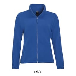 A women's zippered fleece top in bright blue, featuring a stand-up collar and a logo on the label.