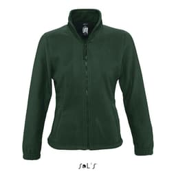 A green women's fleece zippered top with a high collar and fitted design, featuring a branding logo.