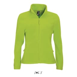 A zippered fleece top for women in bright green, featuring a high collar and two side pockets. It has a brand logo.