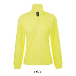 A women's zippered fleece top in bright yellow with a high collar and long sleeves, featuring a logo.