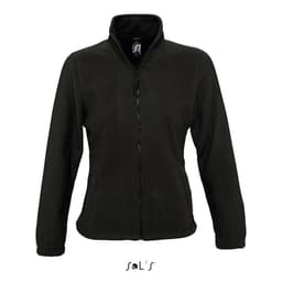 A black zippered fleece top for women featuring a stand-up collar and a fitted design. The product includes branding.