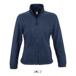 A women's zippered fleece top in navy blue, featuring a stand-up collar and a fitted design.