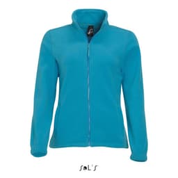 A women's zippered fleece top in bright blue, featuring a high collar and elastic cuffs. It has a logo on the tag.