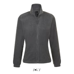 A women's zippered fleece top in grey with a high collar and long sleeves. Features a logo on the label.