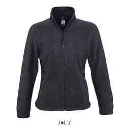 A women's black fleece top with a zippered front and a stand-up collar. It features a fitted design.