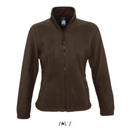 A women's zippered fleece top in a rich brown colour, featuring a high collar and fitted design. Includes a logo.