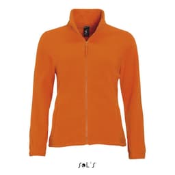 A women's zippered fleece top in bright orange, featuring a high collar and a fitted design. The product has a logo.