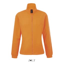 A women's zippered fleece top in bright orange, featuring a high collar and elastic cuffs. It has a branding logo.