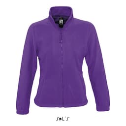A women's zippered fleece top in purple with a high collar and elasticated cuffs, featuring a logo.