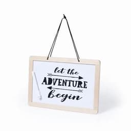 A wooden-framed whiteboard with a black design and a hanging cord, featuring the words "let the ADVENTURE begin."