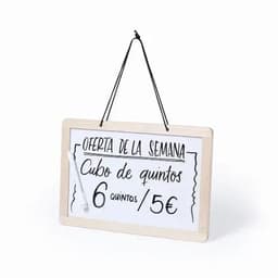 A wooden-framed signboard in white with black writing. It has a small string for hanging.