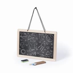 A chalkboard with a wooden frame, featuring drawings of planets, rockets, and stars. Includes chalk and an eraser.