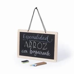 A chalkboard sign with a wooden frame displaying handwritten text, alongside chalk pieces and an eraser.