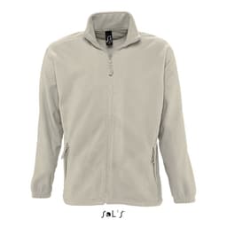 A zipped fleece jacket in a light grey colour with side pockets and a stand-up collar. It features a logo.
