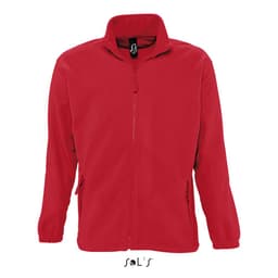 A red zipped fleece jacket with a high collar and side pockets, featuring a logo on the chest.