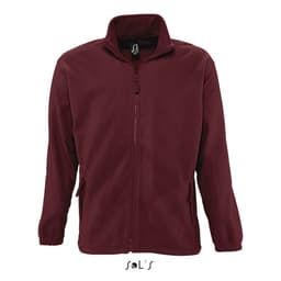 A maroon zipped fleece jacket featuring a collar and two side pockets, with a logo on the interior.
