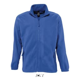 A zipped fleece jacket in a vibrant blue colour with a high collar and side pockets. Features a logo.