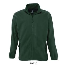 A zipped fleece jacket in dark green with side pockets and a high collar. It features a branded logo.
