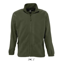 A men's zipped fleece jacket in an olive green colour, featuring two side pockets and a stand collar.