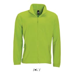 A zipped fleece jacket in vibrant lime green with side pockets and a high collar. Features a brand logo.