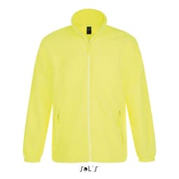 A bright yellow zipped fleece jacket with side pockets and a collar, featuring a logo on the inner label.
