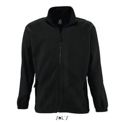 A zipped fleece jacket in black with side pockets and a collar, featuring a brand logo.