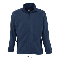 A navy zipped fleece jacket featuring a high neck and side pockets, with a small logo on the interior.