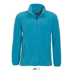 A zipped fleece jacket in a vibrant turquoise colour, featuring two side pockets and a stand-up collar.