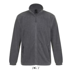 A men's zipped fleece jacket in grey with two front pockets and a high collar. It features a logo on the label.