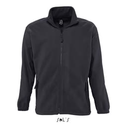 A zipped fleece jacket in black with a high collar and two side pockets. It features a logo on the inner tag.