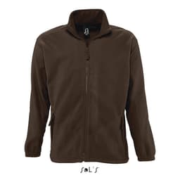 A brown zipped fleece jacket featuring a high collar and side pockets, with a logo on the label.