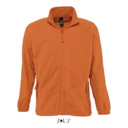 An orange zipped fleece jacket featuring a stand-up collar and side pockets, with a logo on the chest.