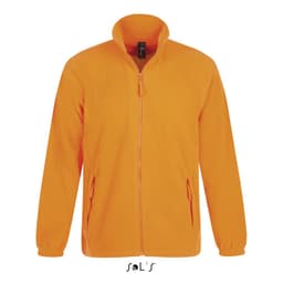 An orange zipped fleece jacket with a high collar and two side pockets, featuring a logo on the front.