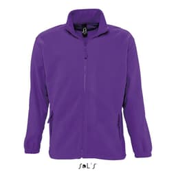 A purple zipped fleece jacket with a high collar and side pockets, featuring a logo on the chest.