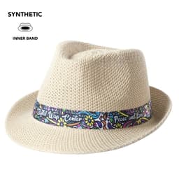 A cream-coloured fedora hat featuring a decorative band with a colourful pattern. It has a textured design and an inner band.