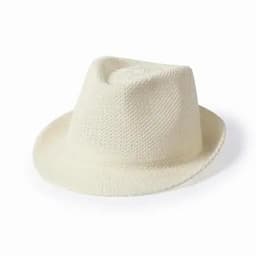 A white fedora hat made of woven material, featuring a slightly tapered crown and a wide brim.